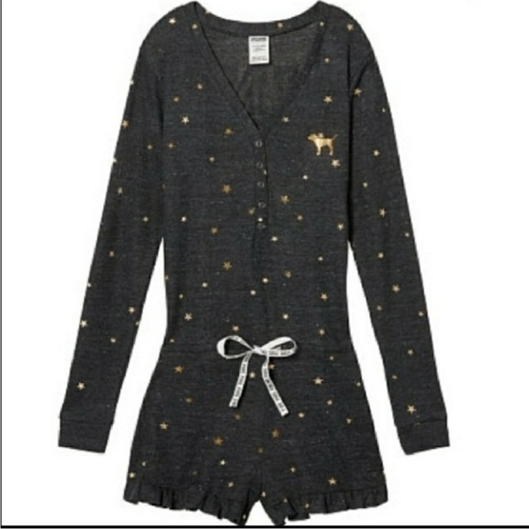 Victoria's Secret PINK PJ Romper Thermal Ruffle Stars Snap Front Rare 2017 NWOT - Picture 3 of 10